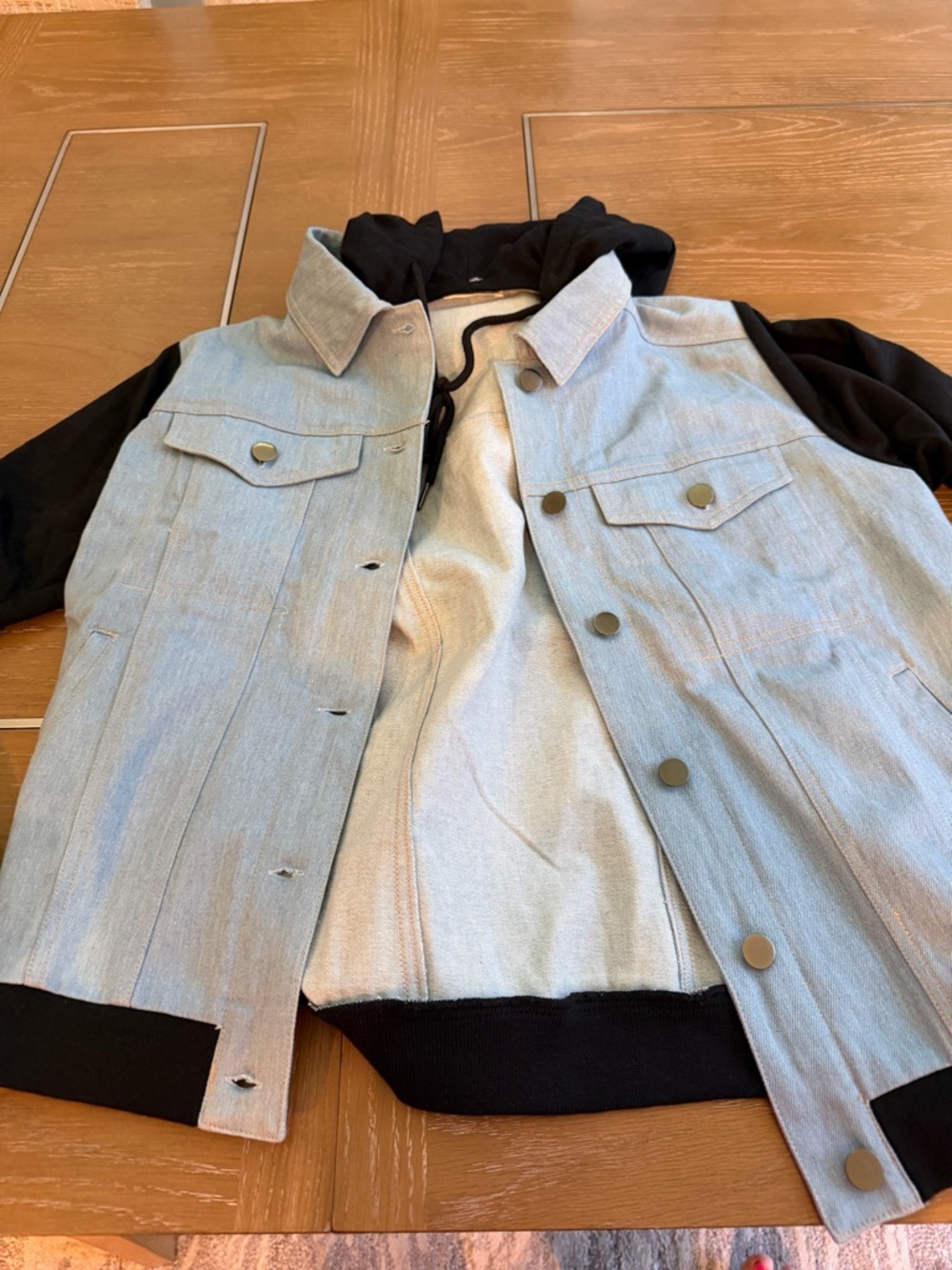 Kori Light Blue Denim-Look Jacket with Black Hood & Sleeves